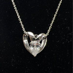 Silver Necklace Marked 825 ATI Heart Faux Diamond Rhinestone 16" Pendant Pear